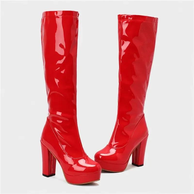 Women Knee High Boots Chunky Heels Candy Color Black Green Yellow Patent Leather Sexy Party Club Lady Zipper Long Platform Boots