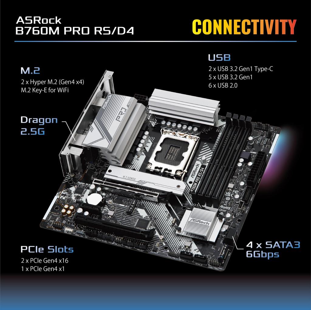 Asrock Материнская плата B760M Pro совместима с процессорами Intel 12-го и 13-го поколений, чипсет B760, материнская плата DDR4 Micro ATX, авторизованный дистрибьютор RS/D4