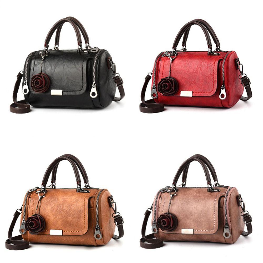 New Style PU Leather Shoulder Bag Solid Color Small Flower Pendant Leather Handbag Straddle Bag Women Use