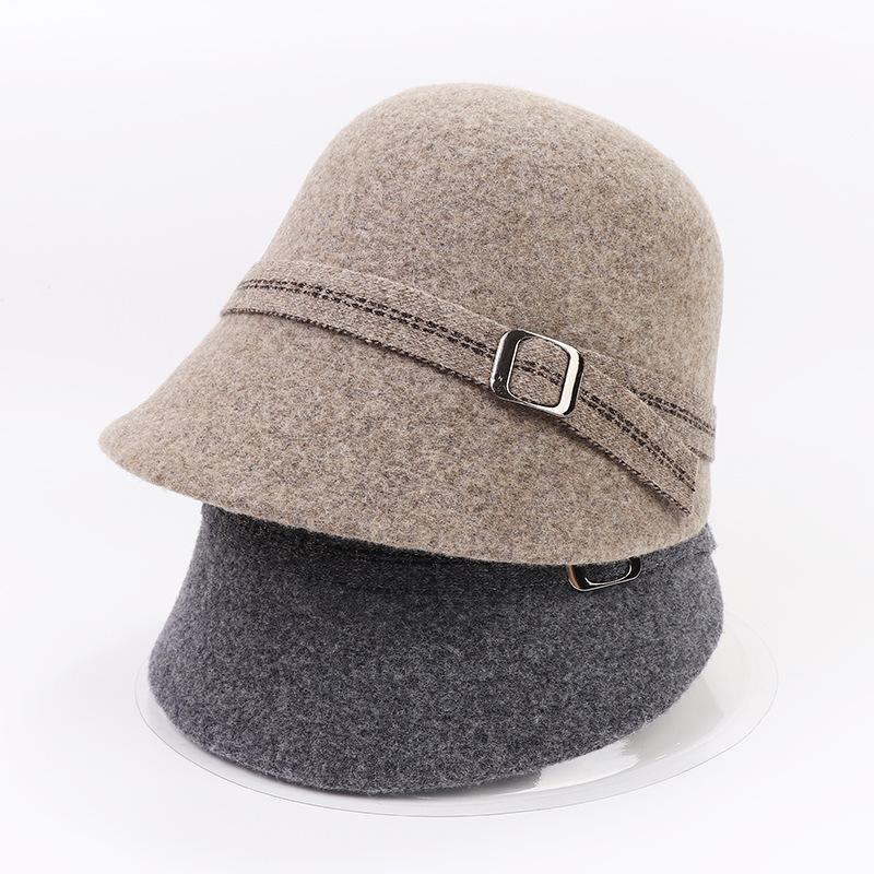 Autumn Winter New Pure Color Equestrian Hat High Quality All Wool Fisherman Hat Hat Women Fashion Metal Buckle Warm Hat