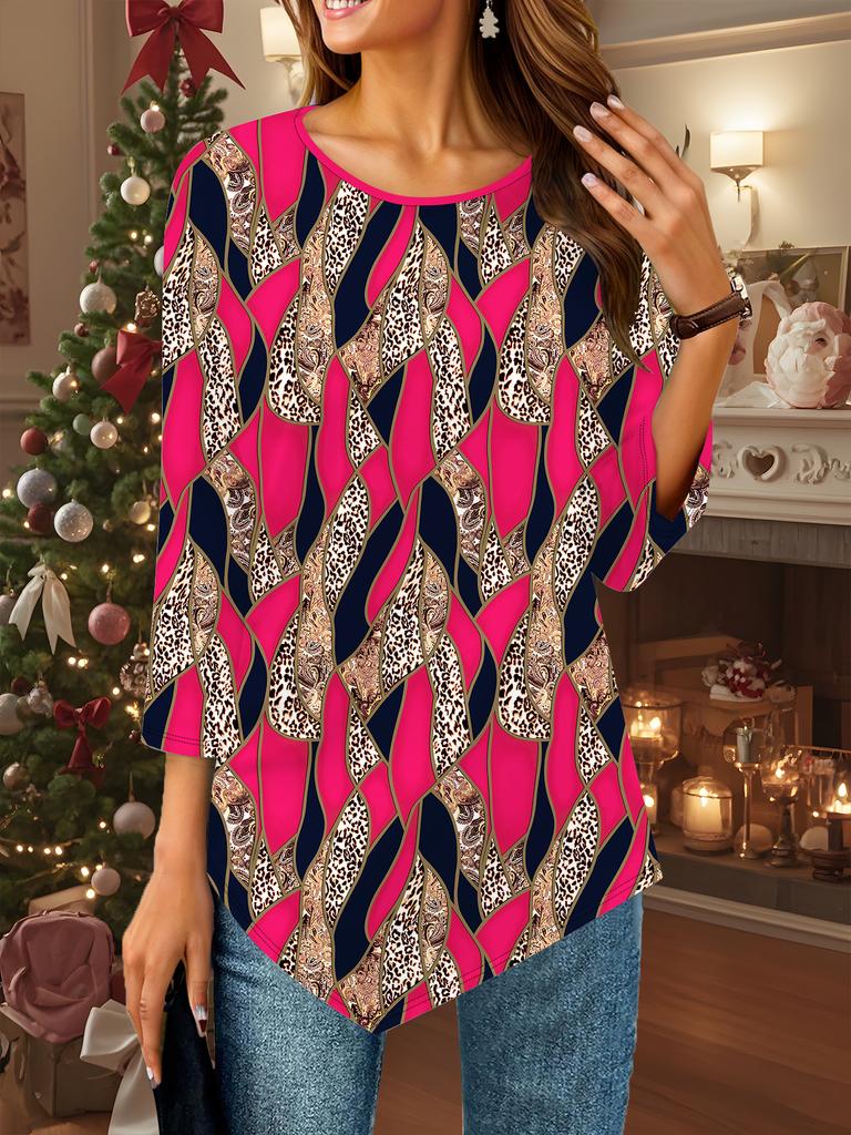 Women's Loose Round Neck Three Quarter Sleeve Tee 3D Leopard Marble Pattern