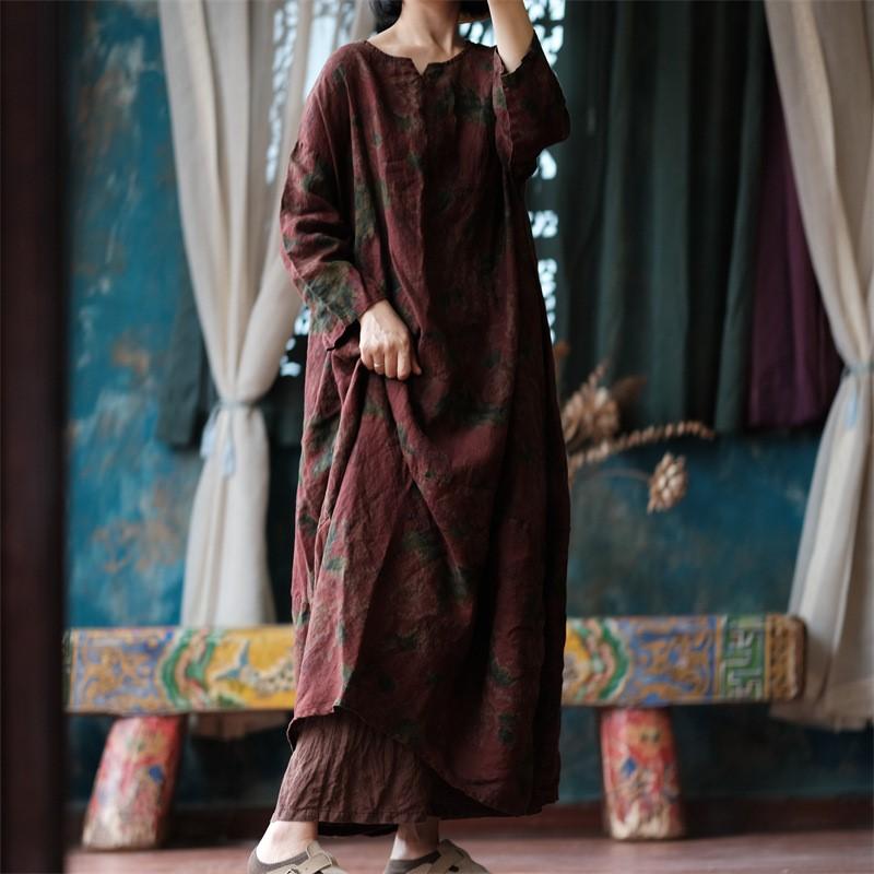 Johnature Осеннее женское свободное льняное платье с принтом, винтажное платье с круглым вырезом в китайском стиле с длинными рукавами
