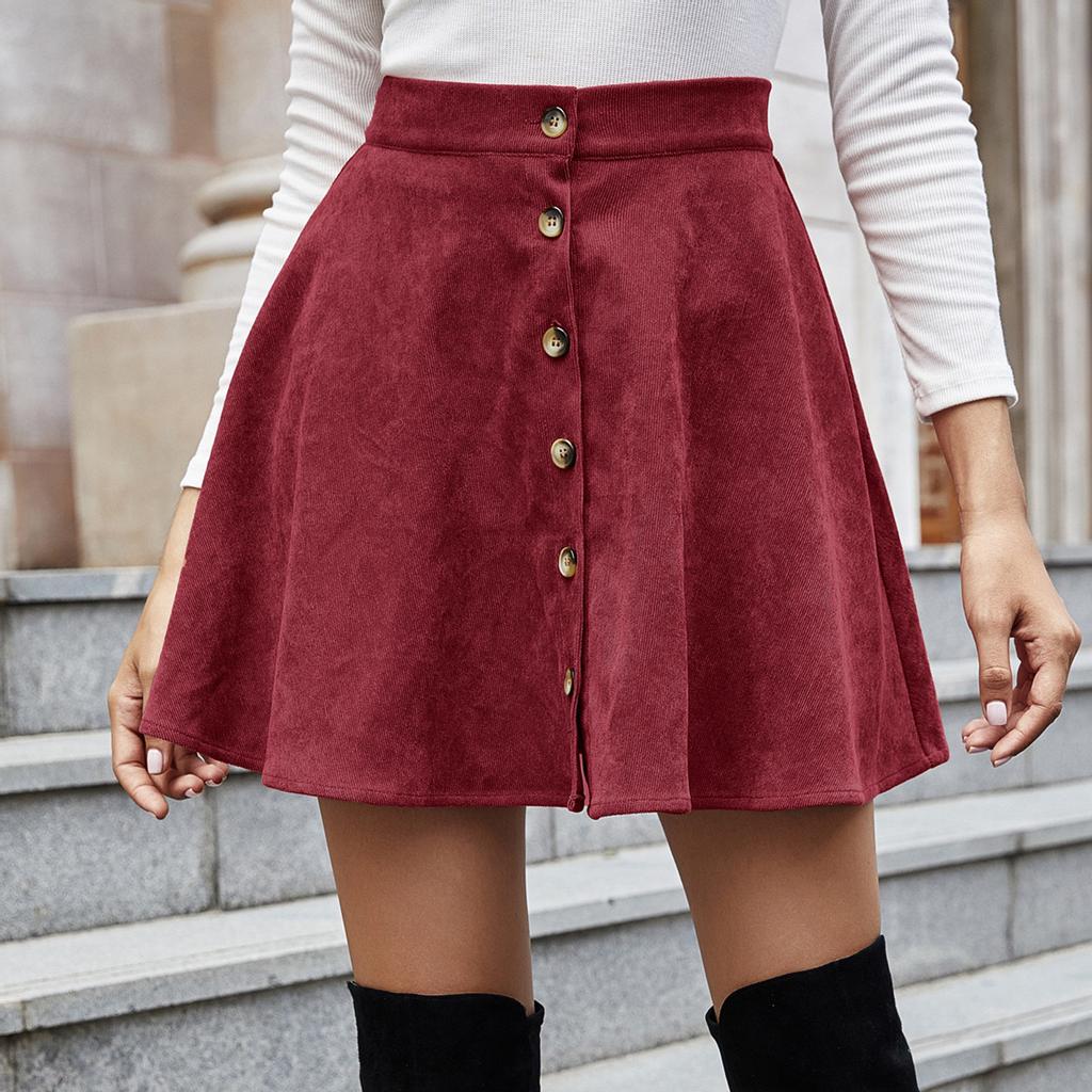 Women Lady  Solid Color High Waist Corduroy A-line Skirt   Skirt