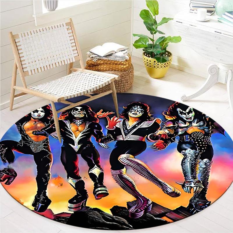 1Pc Kiss Band Rock Legends Print Round Rug Nonslip Floor Mat For Living Room Bedroom Bathroom Holiday Home Decoration