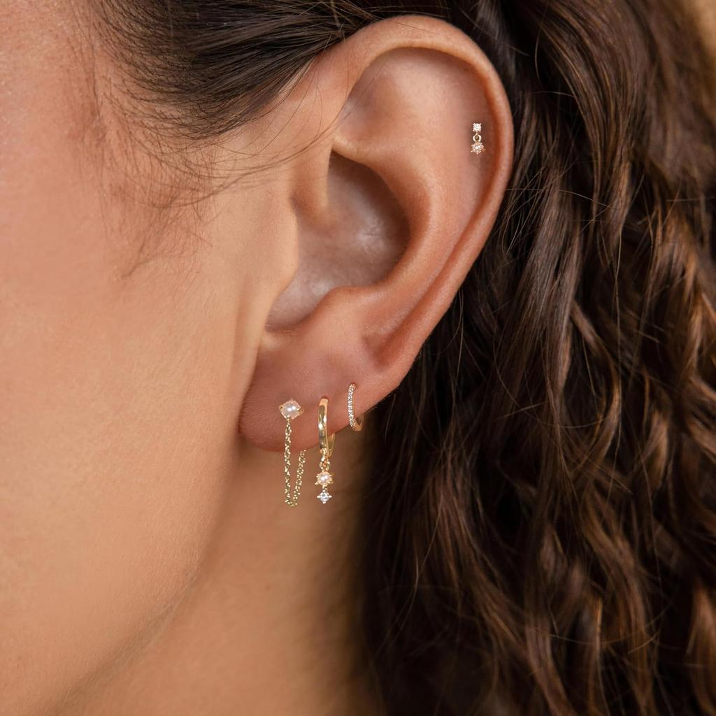 14k Gold Plated Pearl Hoop Earrings for Women Dainty Huggie Stacks, Hypoallergenic Cute Cartilage Studs, Trendy Fashion Zircon