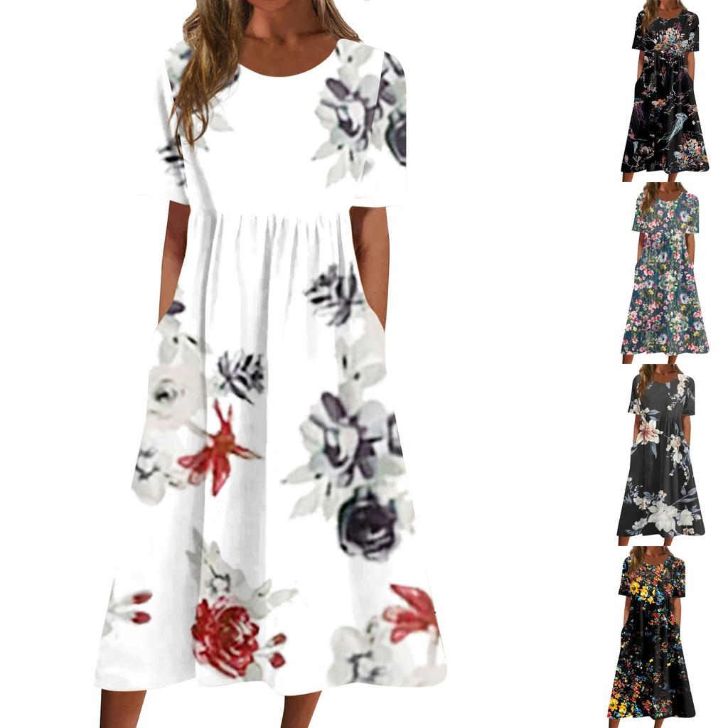 Women's Casual Dresses Printed Dresses Summer Dresses Printed Pleated Round Neck Midi Dresses Basic Classic Outdoor Daily Short Sleeve Loose Dresses