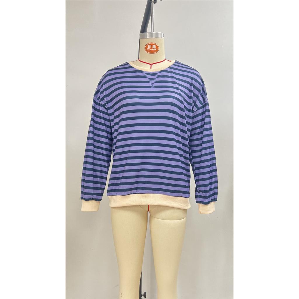 Женская повседневная футболка с круглым вырезом и длинным рукавом в полоску