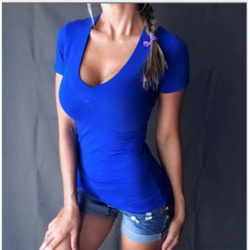 Solid-colored Slim-fitting Top with Deep V-neck Sexy Simple and Fashionable Women's T-shirts
