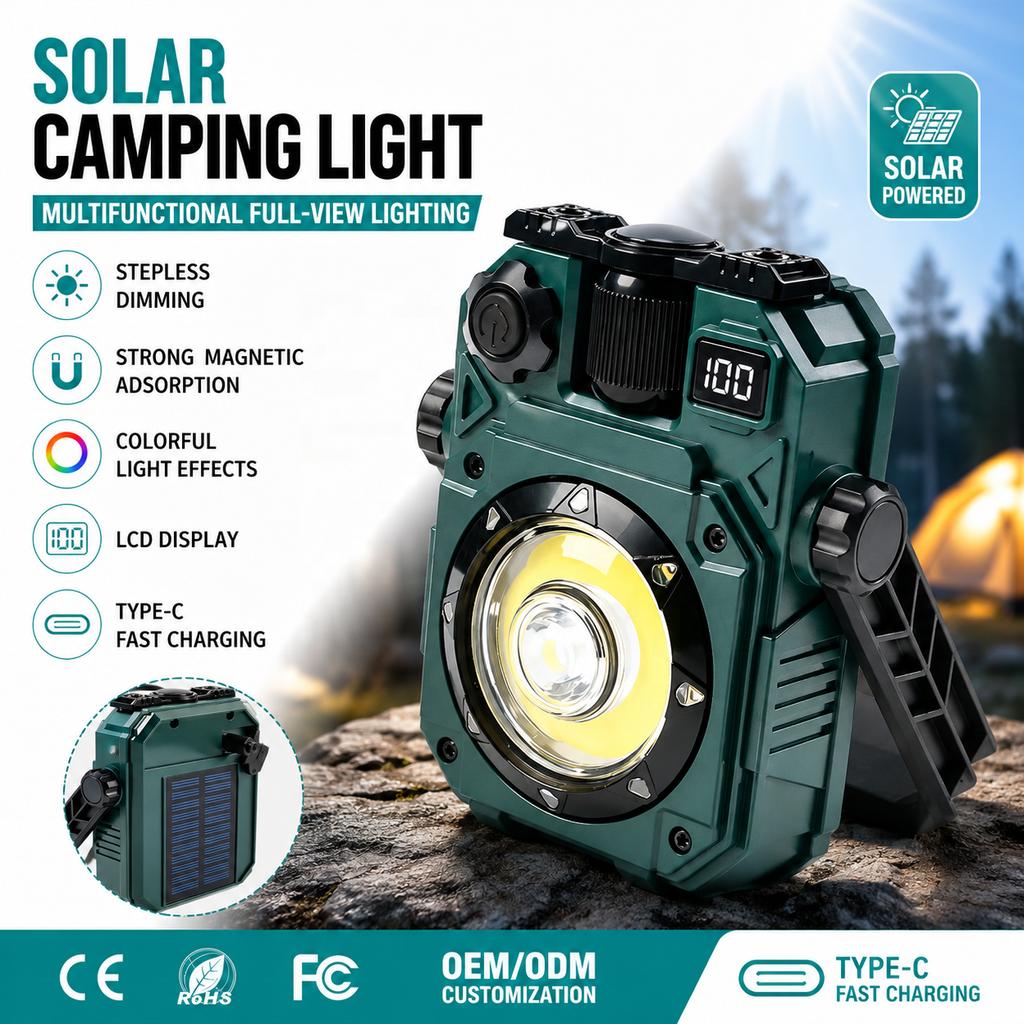 2026 New Type-C Rechargeable COB Magnetic Solar Powered Multi Light Source LED Camping Light Work Lantern Emergency Hiking IP44