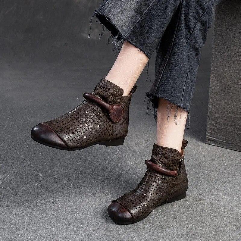 Johnature Genuine Leather Hollow-out Boots Retro Round Toe Breathable Sandals Versatile Women Flat Shoes