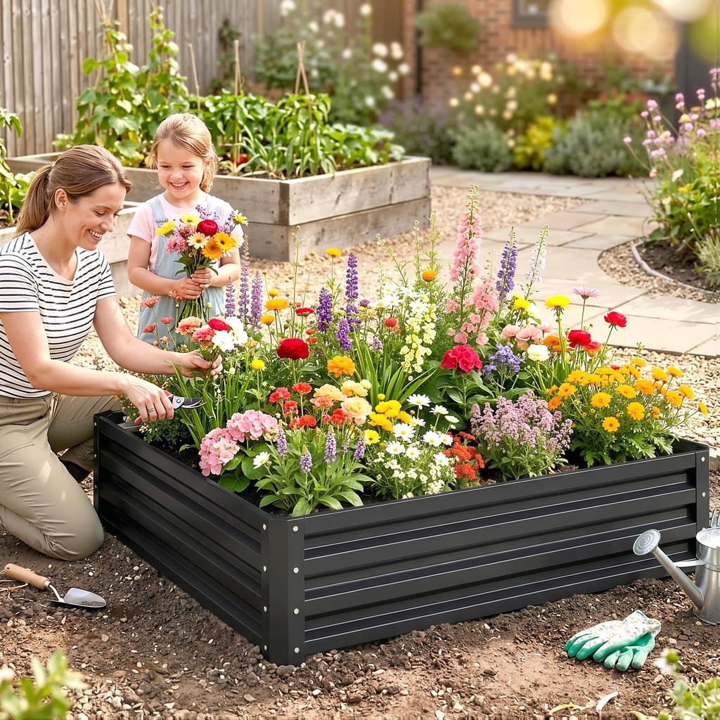 Garden Bed, Planter Box with Steel Housing, Grey, 120 x 120 x 30 cm