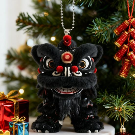 Yousheng Car Pendant with Metal Chain Lion Dance Design Plush Fabric Car Charm Keychain Bag Accessory Good Fortune Decoration