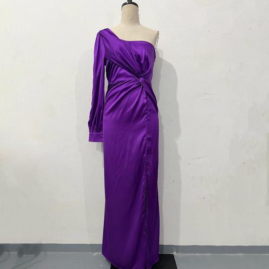 Lady Evening Dress One Shoulder Single Open Sleeve Split Hem Solid Color Slim Waist Pleated Knot Decor Solid Color Prom