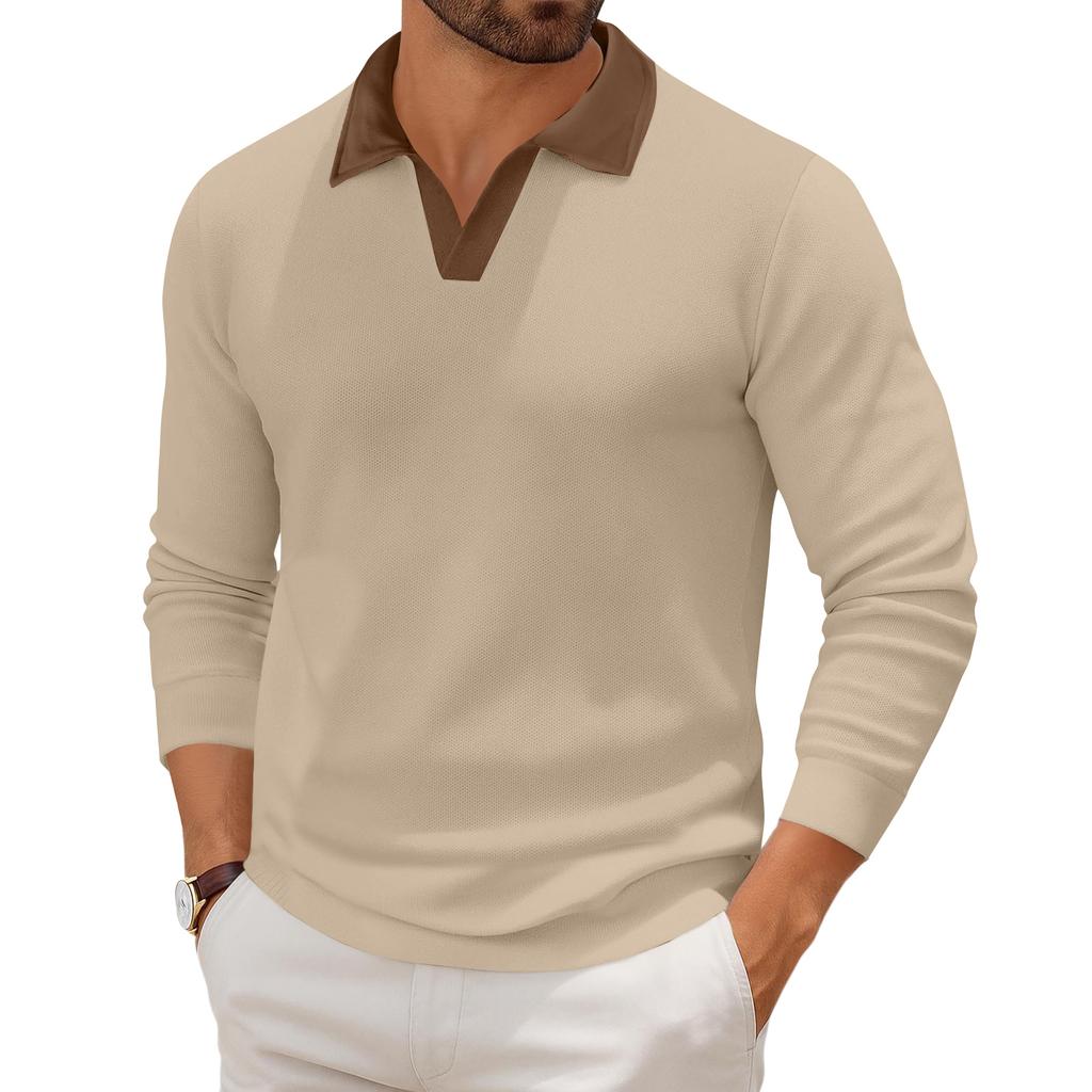 Мужской повседневный трикотажный базовый топ с длинным рукавом и воротником в стиле колор-блок
