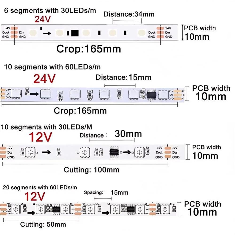 WS2811 Smart IC RGB LED Strip 30/60LEDs/M Individually Addressable LED Tape DC12V 24V Black/White PCB IP30 IP65 IP68 Waterproof