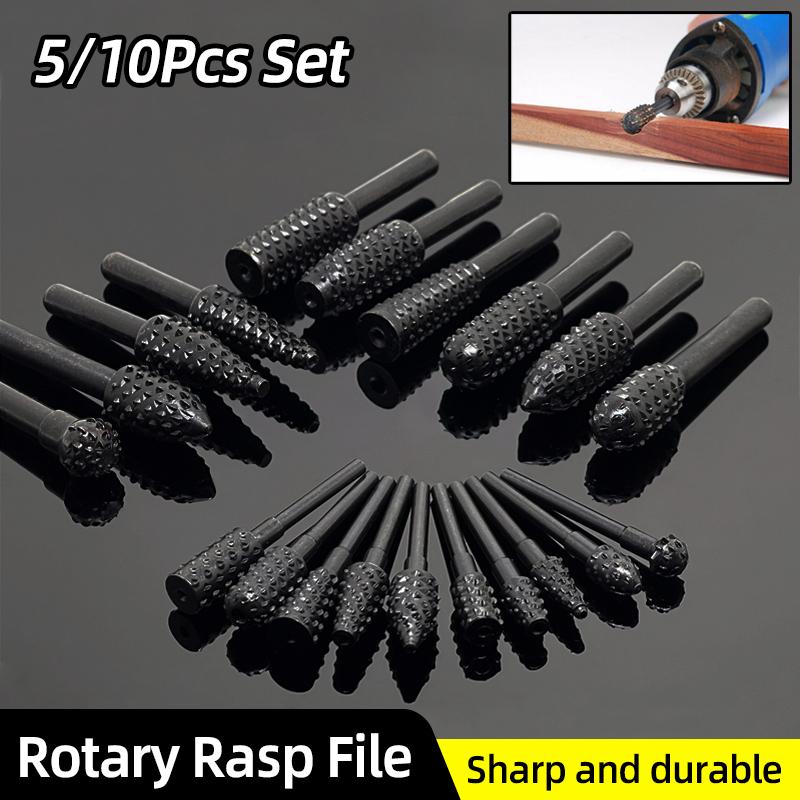 Rotary Rasp File 1/4" Round Shank Woodworking Milling Cutter Burr Drill Bit Set Wood Drilling Carving Deburring Grooving Tools
