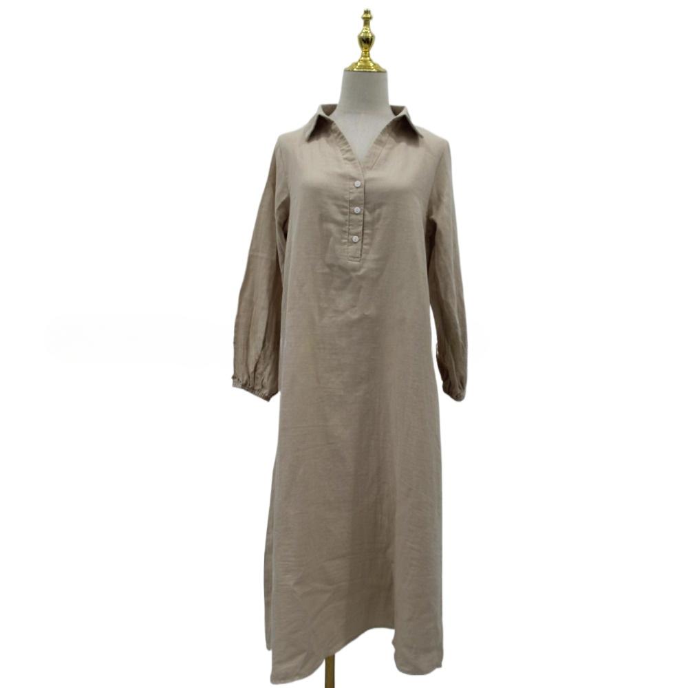 Модное хлопковое и пеньковое длинное повседневное однотонное платье с V-образным вырезом, элегантный халат с полуоткрытой передней частью и длинными рукавами для женщин