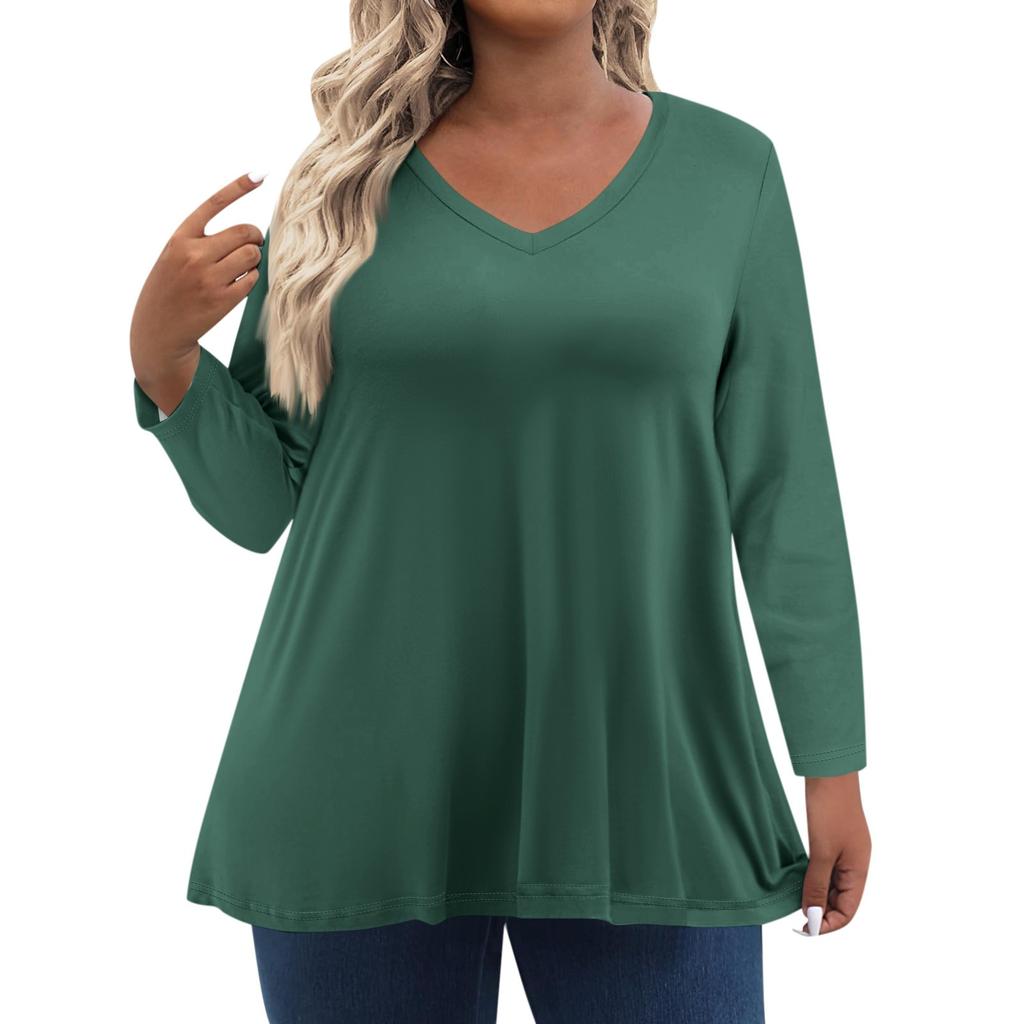 Womens Plus Size Tops Long Sleeve Shirts V Neck Casual Clothing Clothes Solid Color Tops