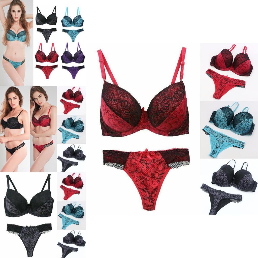 Flower Womens Lace Padded Bra Plunge Set Ladies Underwear Panties Sets Push Up