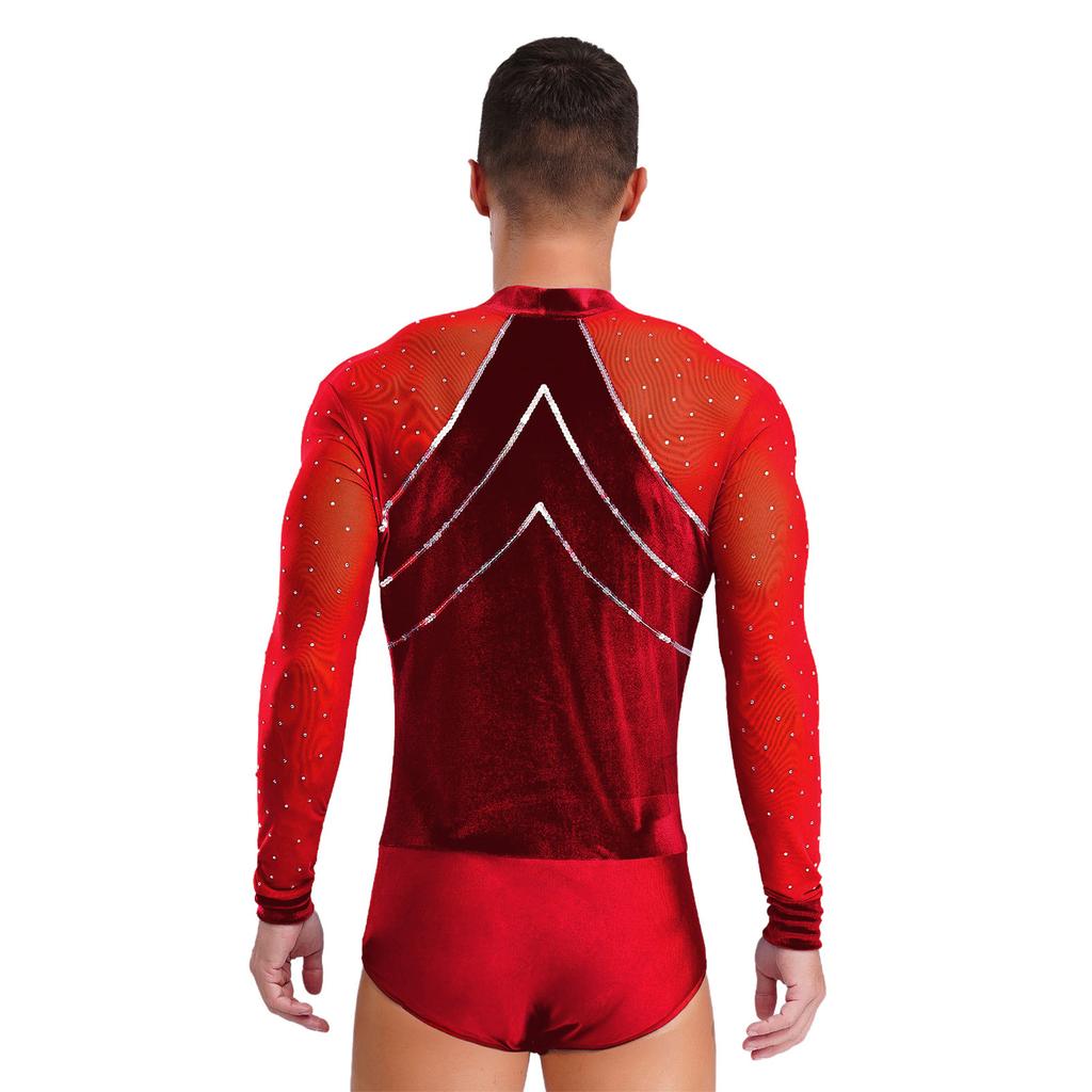 Men Latin Dance Leotard Mesh Long Sleeve Deep V Neck Velvet Shiny Rhinestones Bodysuit
