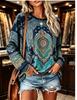 Women Crew Neck Long Sleeve T Shirt Vintage Faux Ornate Medallion Tapestry Flat Print Oversized Loose Casual Top