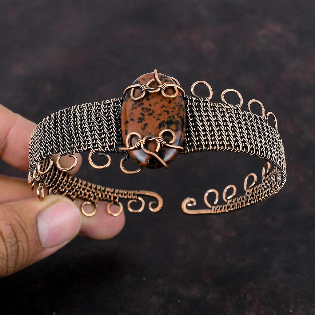 Браслет из красного дерева с обсидианом, медная проволока, браслет-манжета, драгоценный камень, регулируемый браслет, браслет ручной работы, дизайнерские медные украшения, свадебный подарок