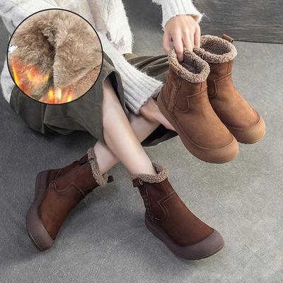 Плюшевые Теплые Ретро Натуральная Кожа Толстая Подошва Короткие Ботинки Универсальная Обувь Женская на Мягкой Подошве