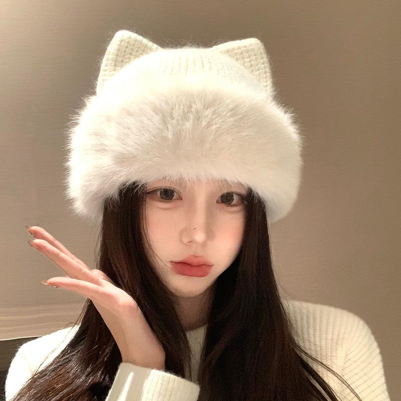 Women Winter Knit Hat With Cute Cat Ears Thick Warm Ear Protection