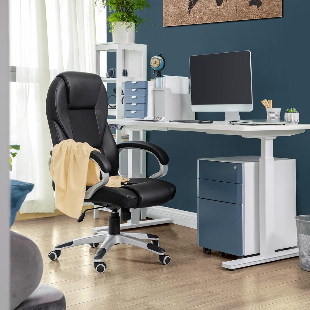 SONGMICS OBG22B - Swivel Office Chair, Study, Ergonomic, PU, with Wheels, Black, 76x66x32