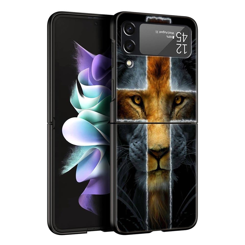 Cross Pattern Bicolor Lion Hard PC Phone Case For Samsung Galaxy Z Flip 7 6 5 4 Black Cover For Galaxy Z Flip 3 Foldable Fundas
