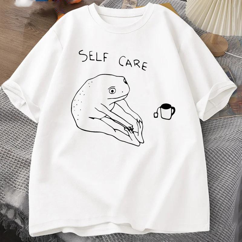 Funny Frog Self Care TShirt Women Retro Cottagecore Frog Print Tshirt Unisex Summer Round Neck Short Sleeve Tee cotton t Shirt