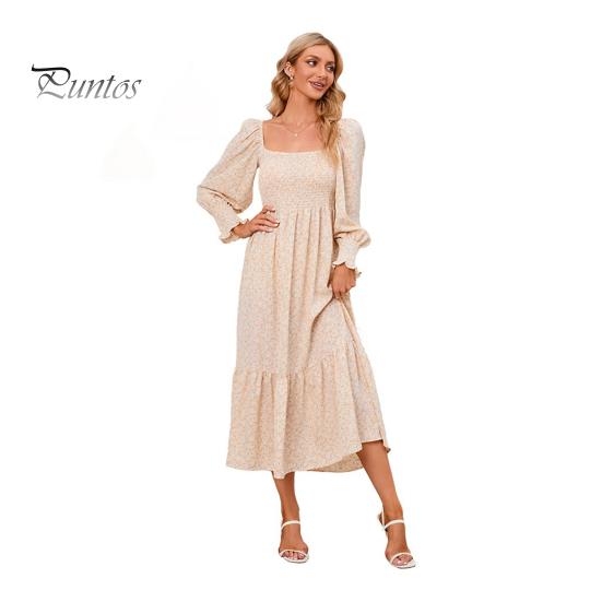 Женское платье с длинными рукавами, цветочным принтом, А-силуэтом, квадратным вырезом, миди-платьем, эластичным бюстом, открытой спиной, плиссированным подолом, весна-осень