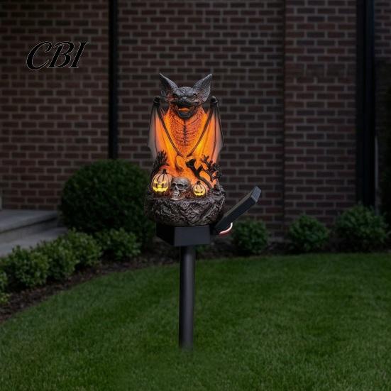 Gothic Style Patio Accessory Solar Powered Dragon/Bat Pumpkin Statue Garden Light, Decorative Stake Lamp, Hand Painted Gold Flame Dragon Lantern