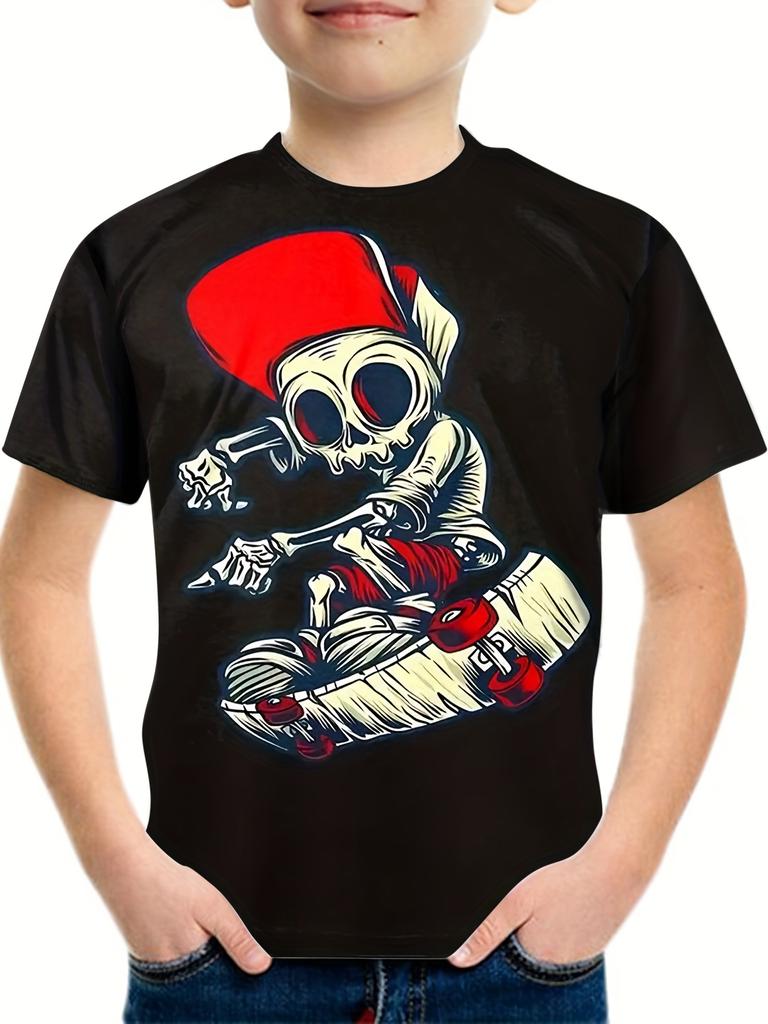 Children's Clothing: Boys' Short-Sleeve T-Shirts with 3D Skull Print; Children's Summer Clothing; Creative and Stylish Streetwear for Girls.