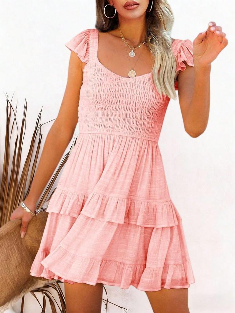 Women's Ruffle A Line Mini Dress Elastic Empire Waist Layered Swing Flowy Summer Dress