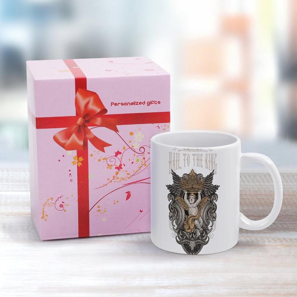 11oz White Ceramic Coffee Cup with Smooth Handle and Printed Design on Both Sides, Perfect for Kitchen and Work Drink Routine