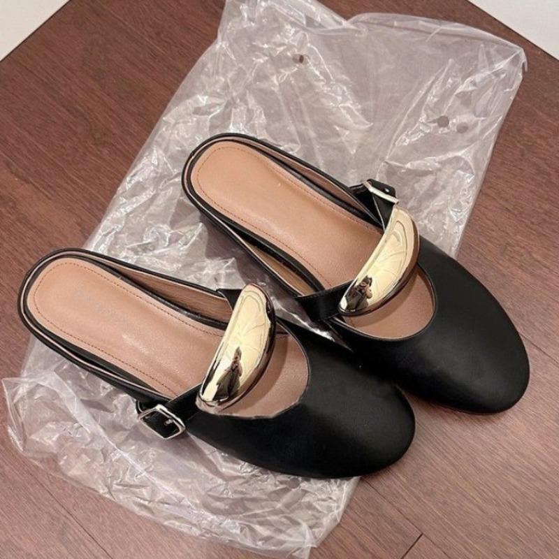 Модные женские сандалии Bun Head Half Drag Summer New с круглым носком и неглубоким ртом, металлические украшения, ленивые сандалии на плоской подошве