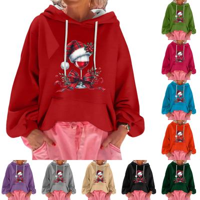 Женский рождественский принт, свободный повседневный худи с длинным рукавом и капюшоном