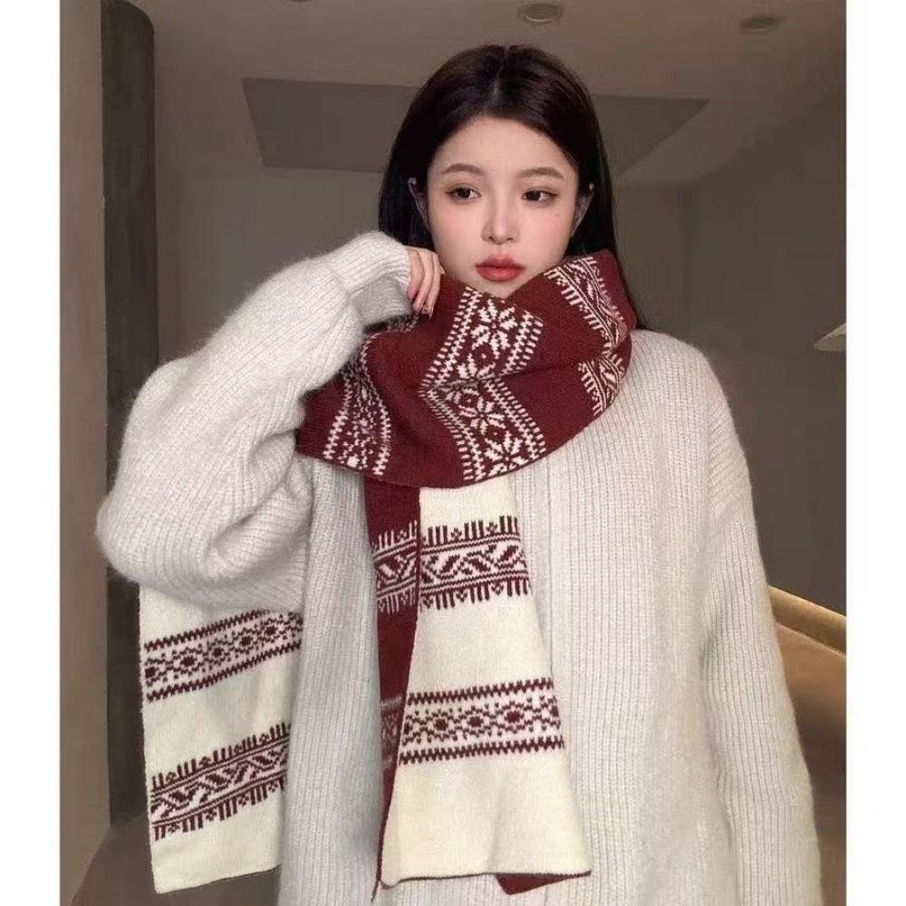 Thick Knit Fabric Double Sided Scarf Retro Jacquard Pattern Neck Warmer Shawl Fall Season Use