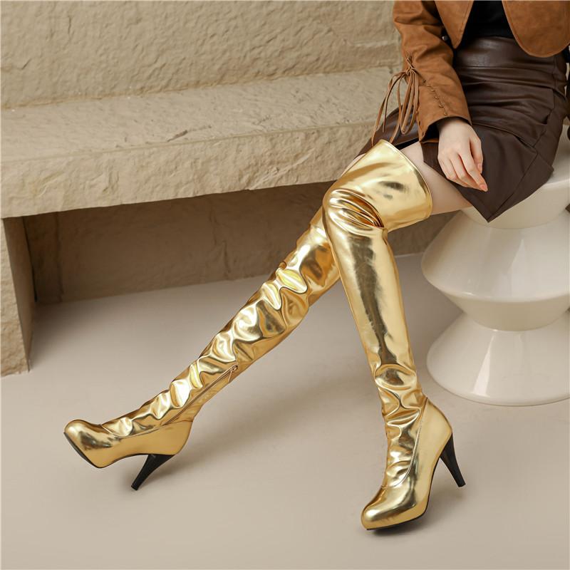 8/Women's High Heel Boots Sexy Gold Silver Steel Pipe Dance Boots Large Over Knee Boots