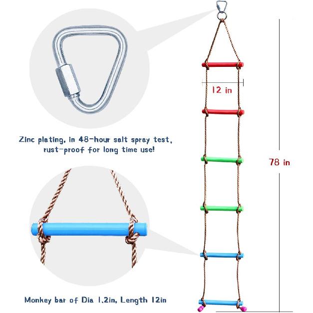 Rainbow Craft 6.6FT Веревка для лазания Лестница ниндзя для детей - Аксессуары для детской полосы препятствий «Воин-ниндзя» - Качели-лестница
