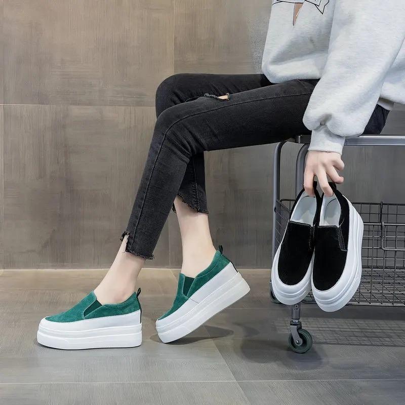 Модные женские туфли из натуральной кожи на платформе, танкетке, кроссовки на толстой подошве, слипоны, черные женские повседневные туфли слипоны, весна-осень