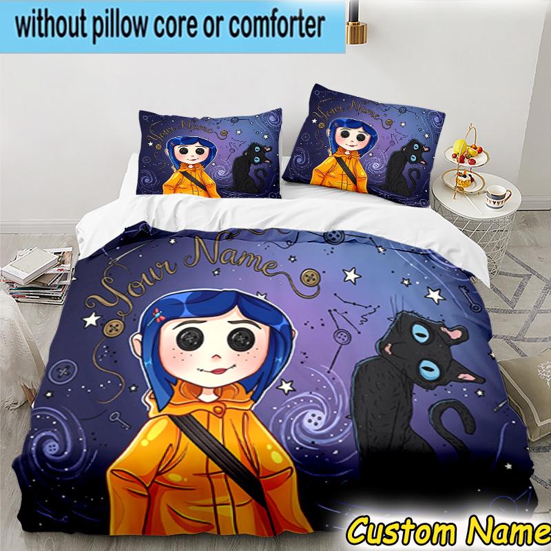 3pcs Custom Name Mystery Coraline's World Bedding Set Includes 1 Duvet Cover & 2 Pillowcases for All Seasons Dormitory Home Decor Christmas gifts