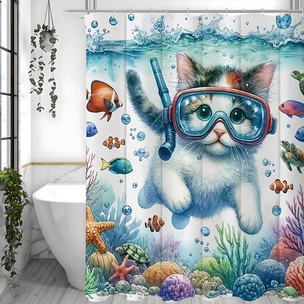Кот, ныряющий в подводный мир, Шторка для душа, моющаяся, грязеотталкивающая, для душевой головки, водонепроницаемая, полиэстер, шторка для ванной