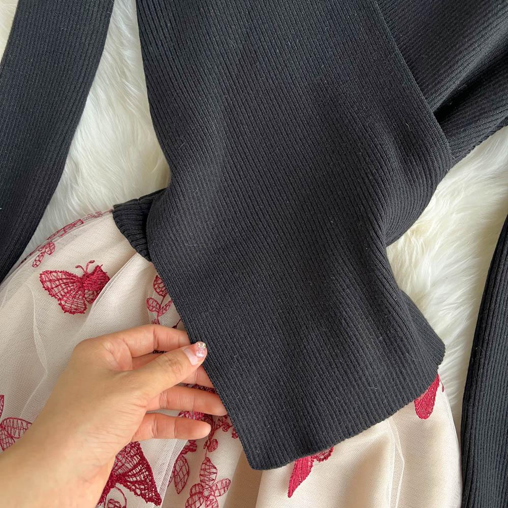 Осень-зима, женский повседневный вязаный свитер, сетчатые лоскутные платья, винтажное вечернее платье миди из тюля с v-образным вырезом и вышивкой-бабочкой