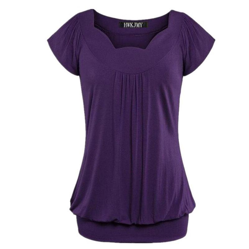 Elegant Women's Fashion Summer V-neck Short Sleeve Pleated Loose Blouse Plus Size