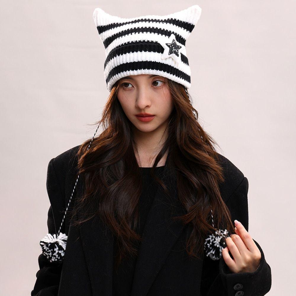 Harajuku Cat's Ears Knitted Hat Star Warm Cap Fashion Slouchy Knitted Beanies Apparel Accessories