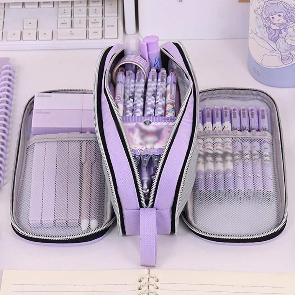 Large capacity pencil case with three-layer zipper, student stationery bag, simple and multifunctional pencil case