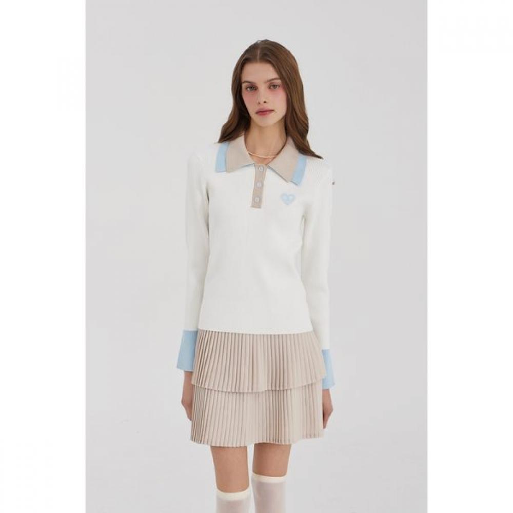 Goxo Smile Heart Knit White Double Collar