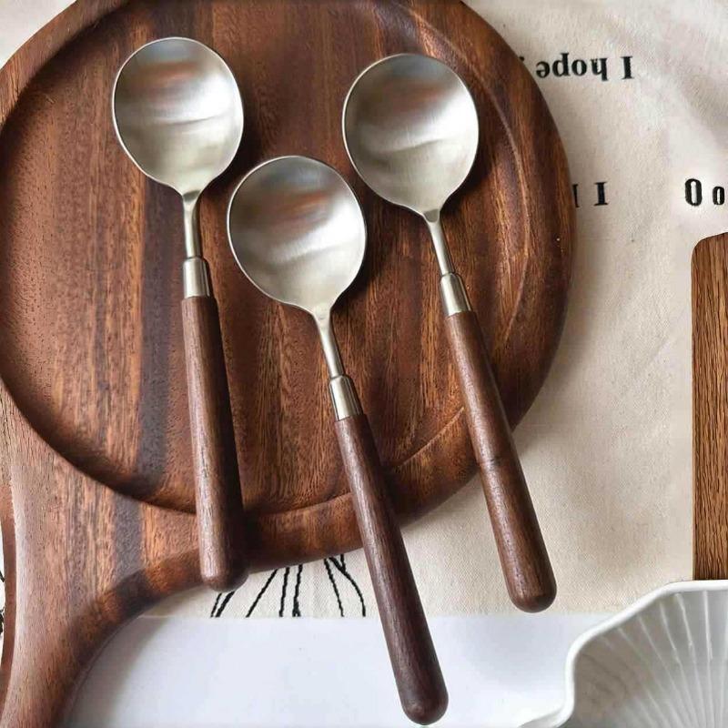 Ложки из нержавеющей стали в западном стиле, ложки под розовое дерево, ложки с круглым кончиком для супа